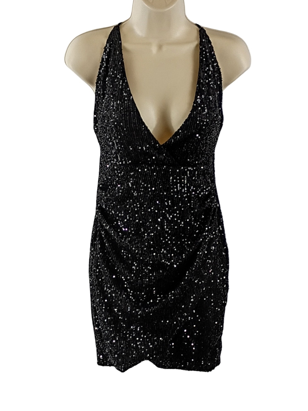 Black Sequin V-Neck Halter Party Dress